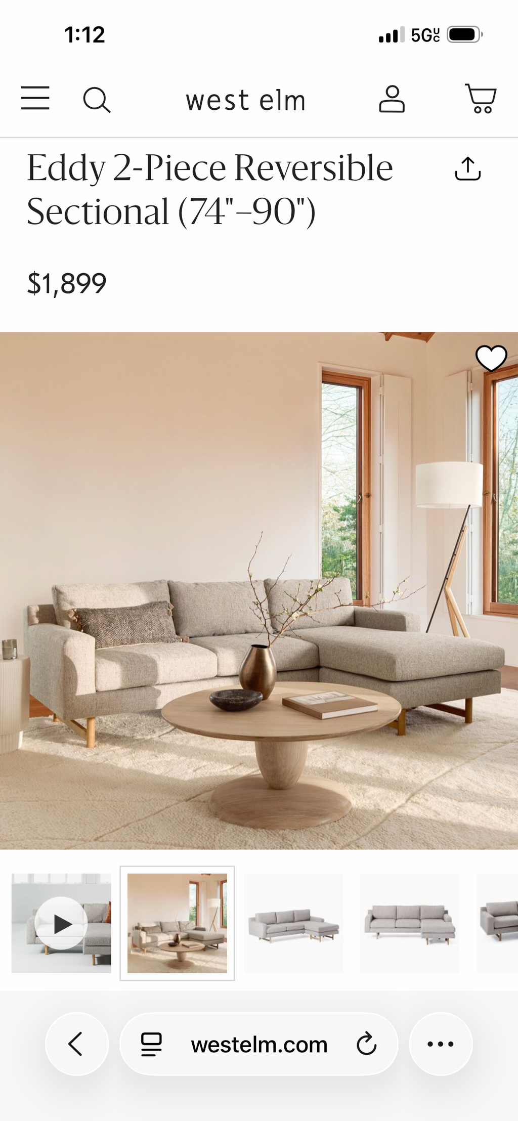 West Elm Eddy Sectional with Reversible Chaise in Pearl Gray