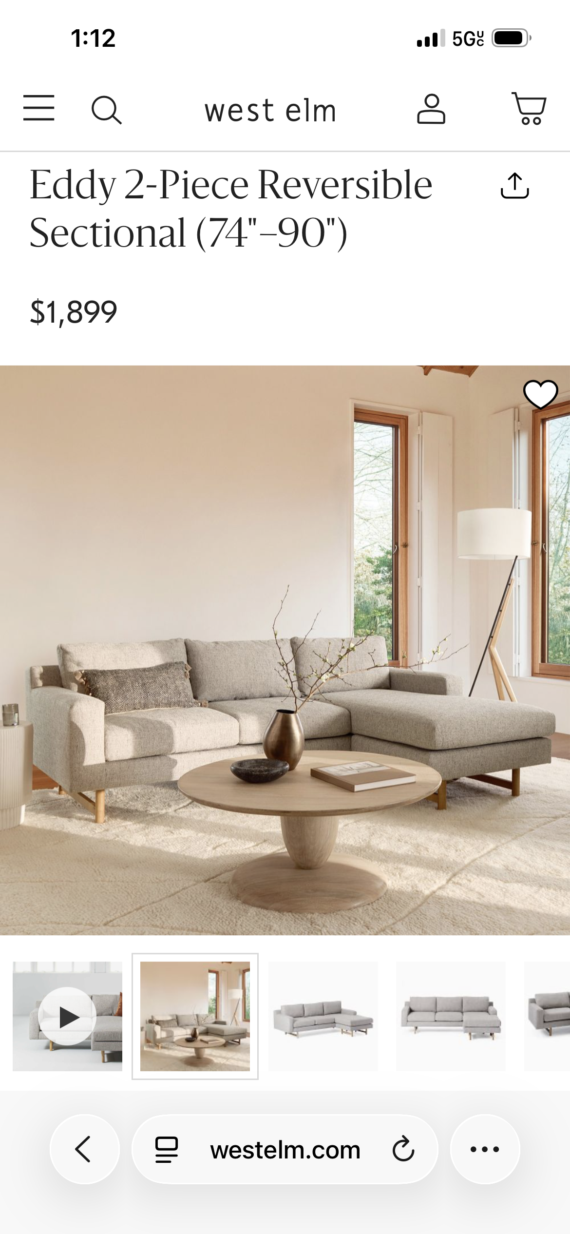West Elm Eddy Sectional with Reversible Chaise in Pearl Gray