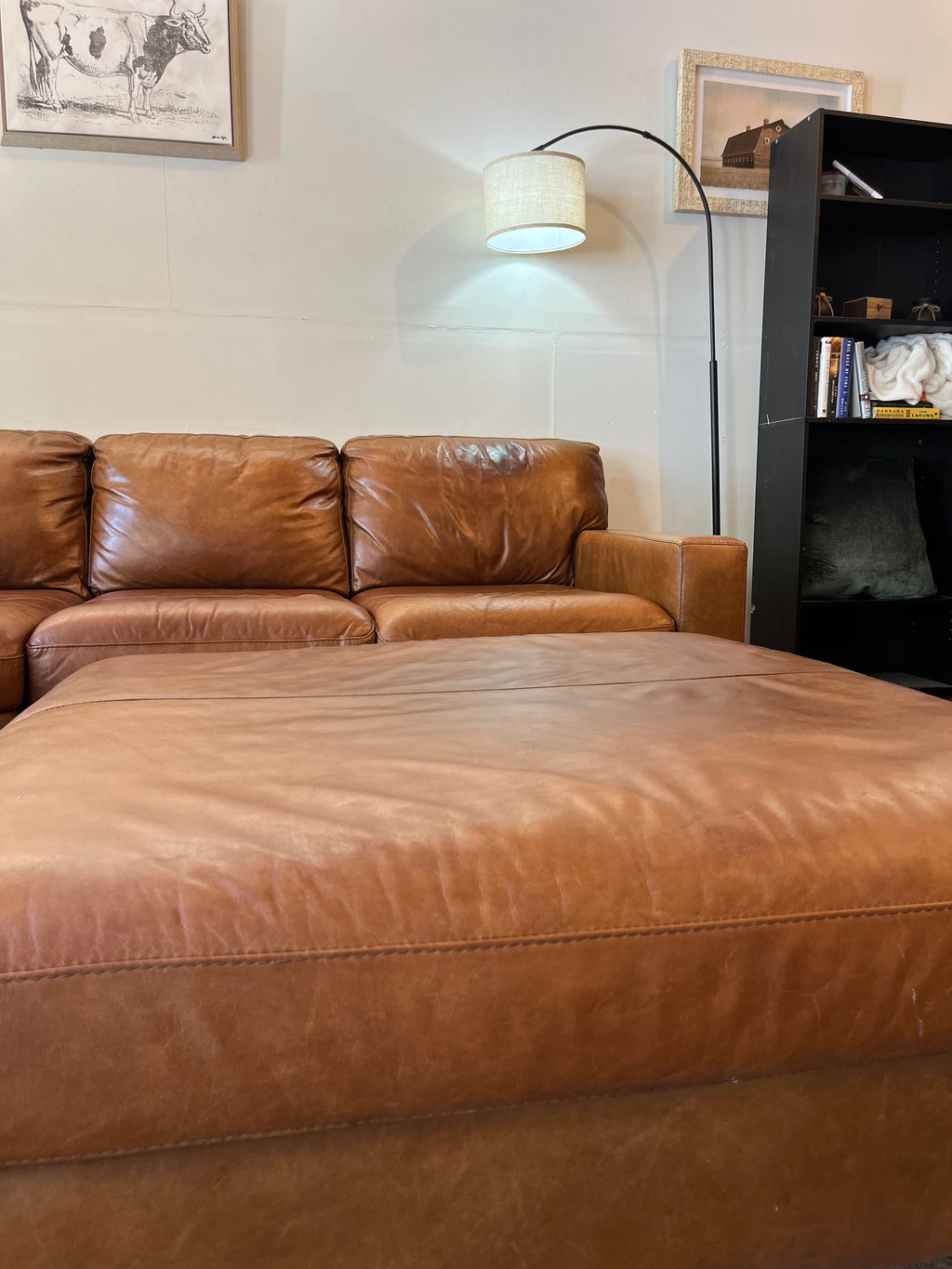 Italian Leather Sectional & Ottoman - Cognac