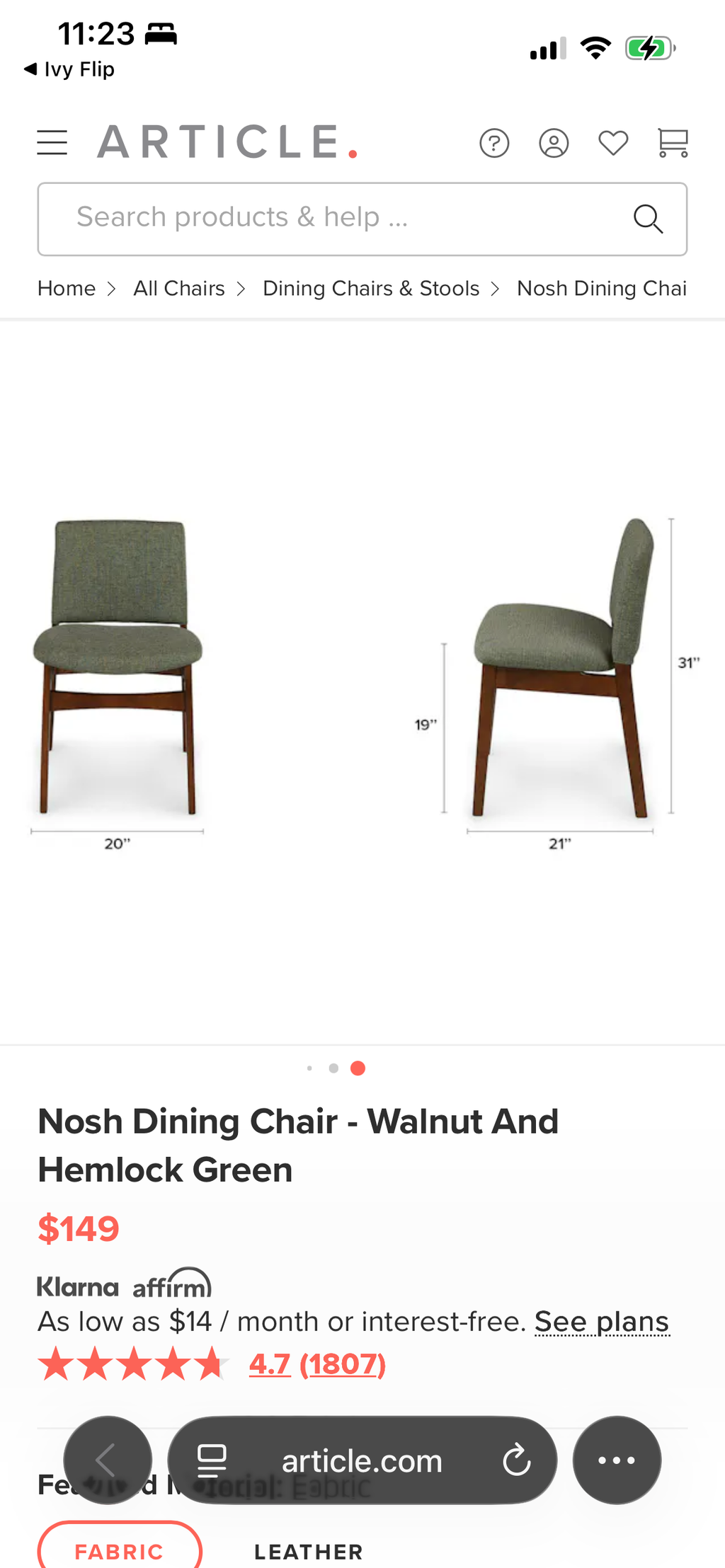 Article Nosh Dining Chairs - Walnut and Hemlock Green