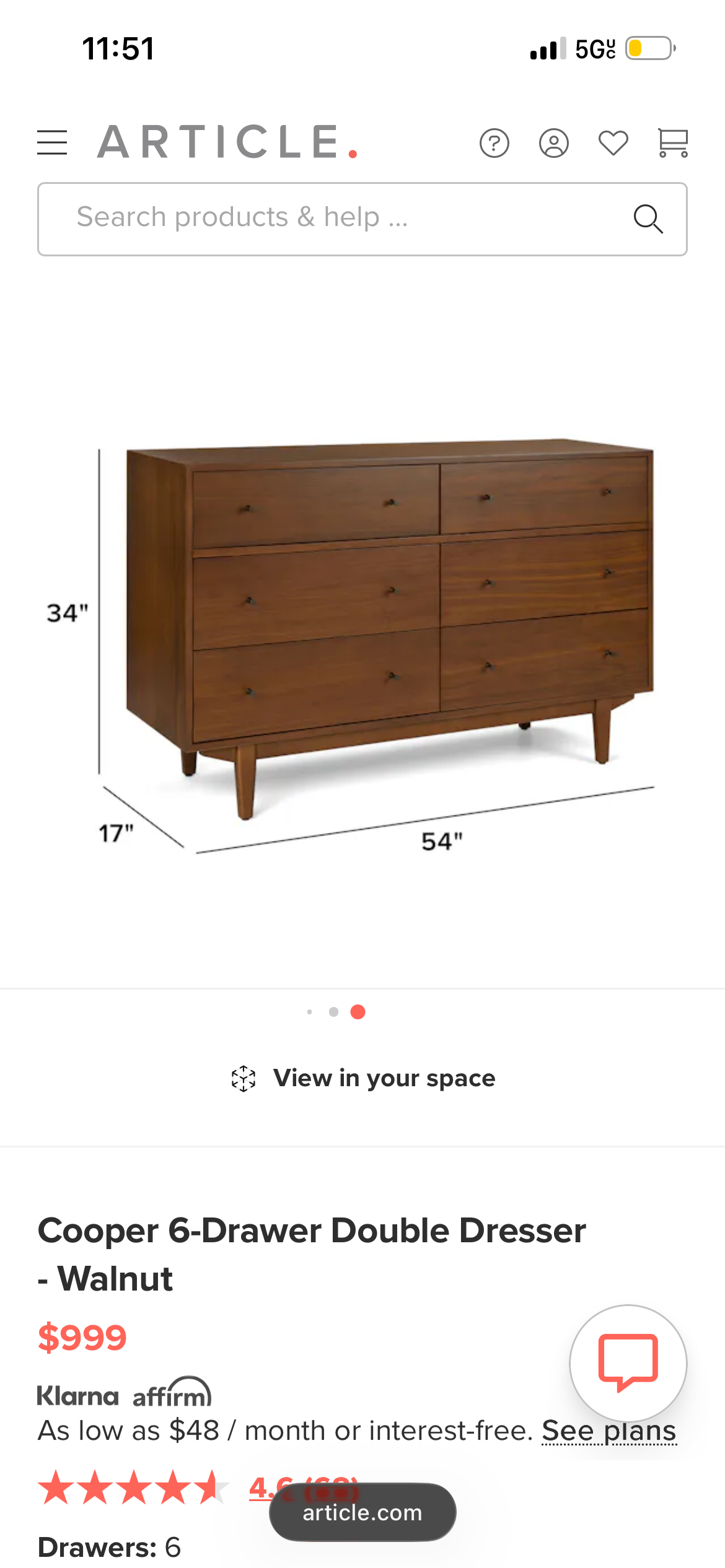 Article Cooper 6-Drawer Dresser in Walnut
