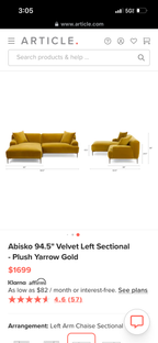 Article Abisko Velvet Sectional - Yarrow Gold