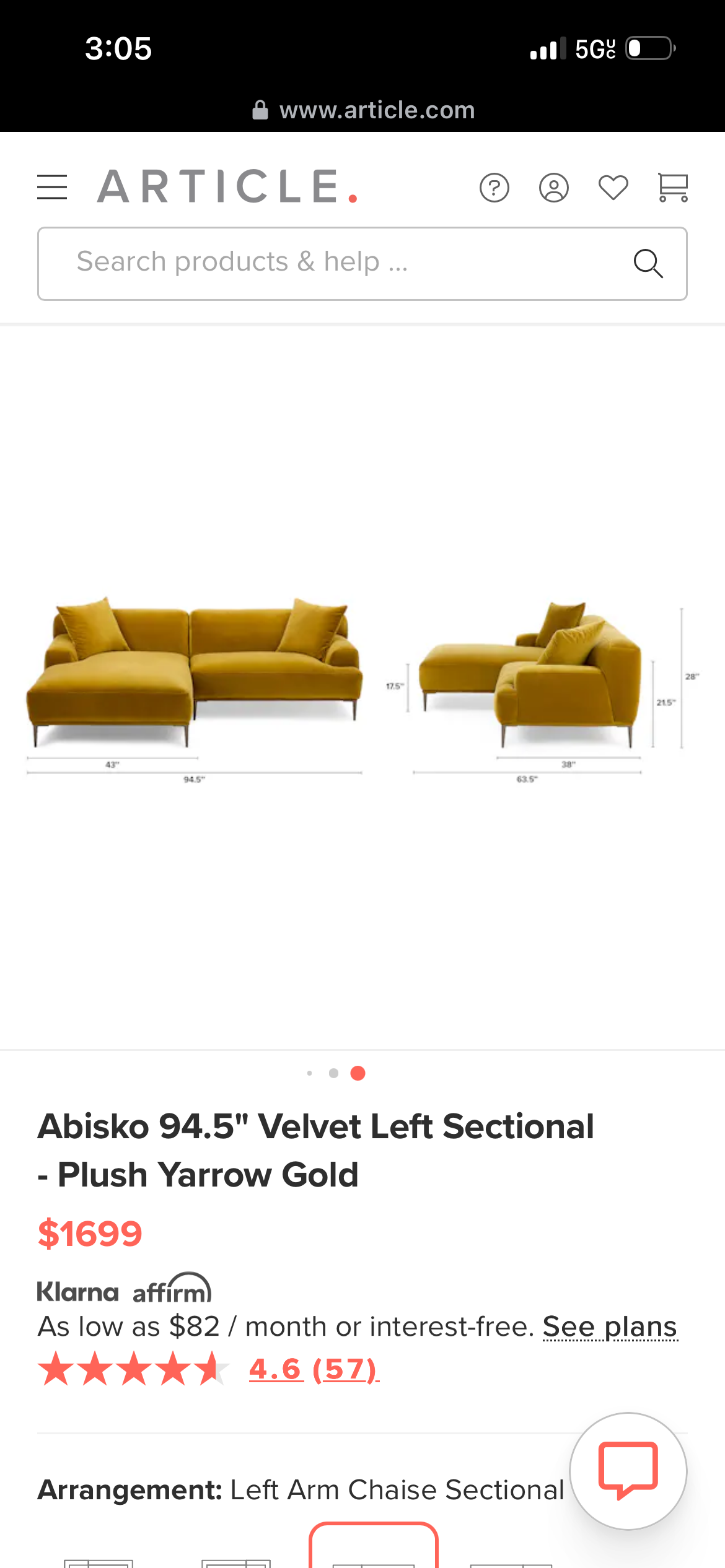 Article Abisko Velvet Sectional - Yarrow Gold