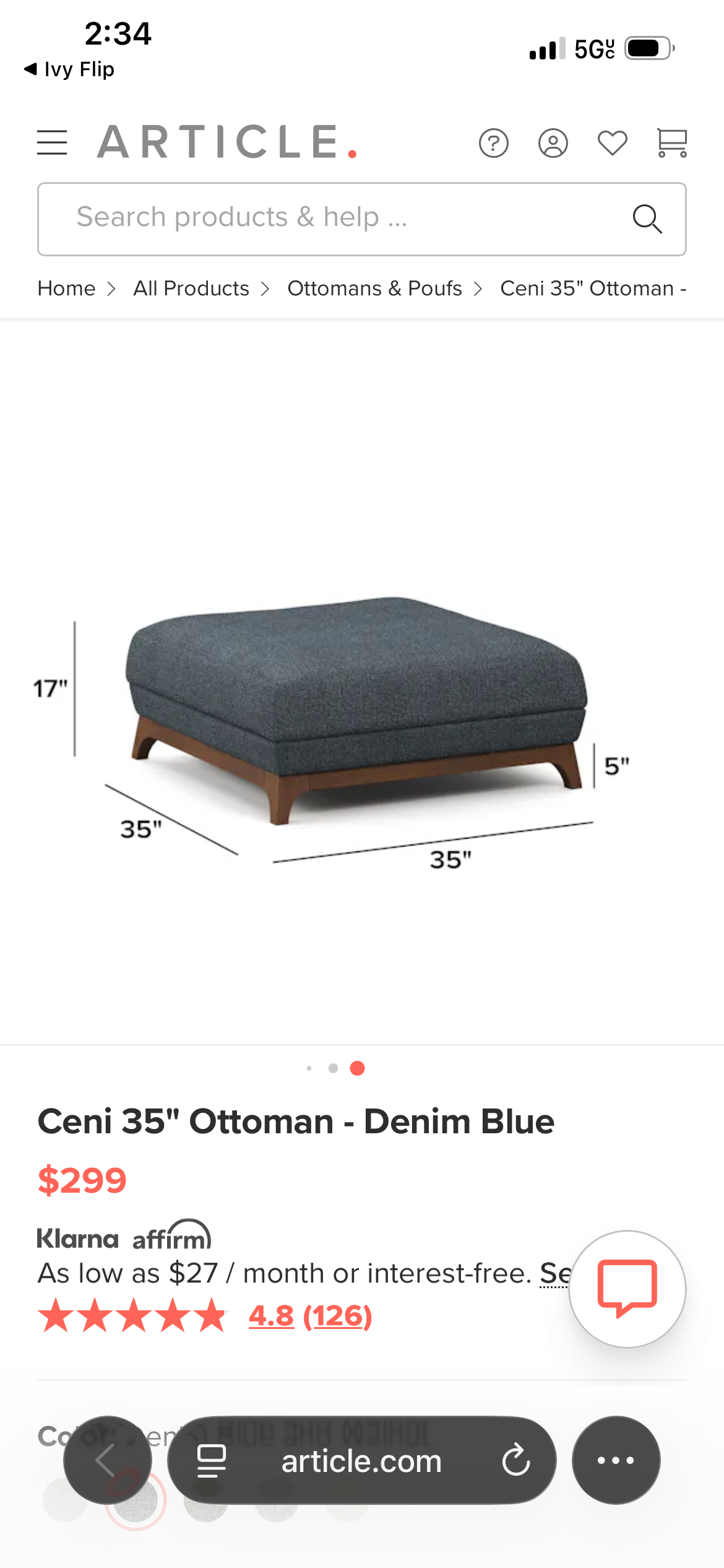 Article Ceni 35" Ottoman - Denim Blue