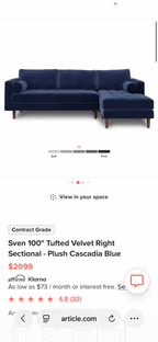 Article Sven Velvet Sectional in Pacific Blue