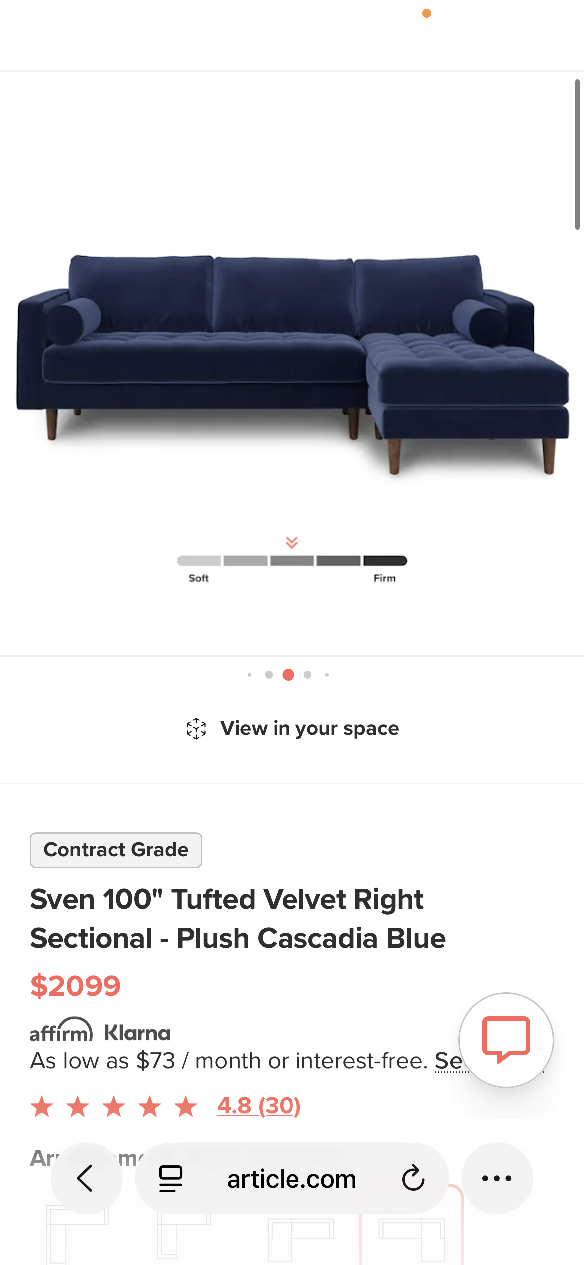 Article Sven Velvet Sectional in Pacific Blue