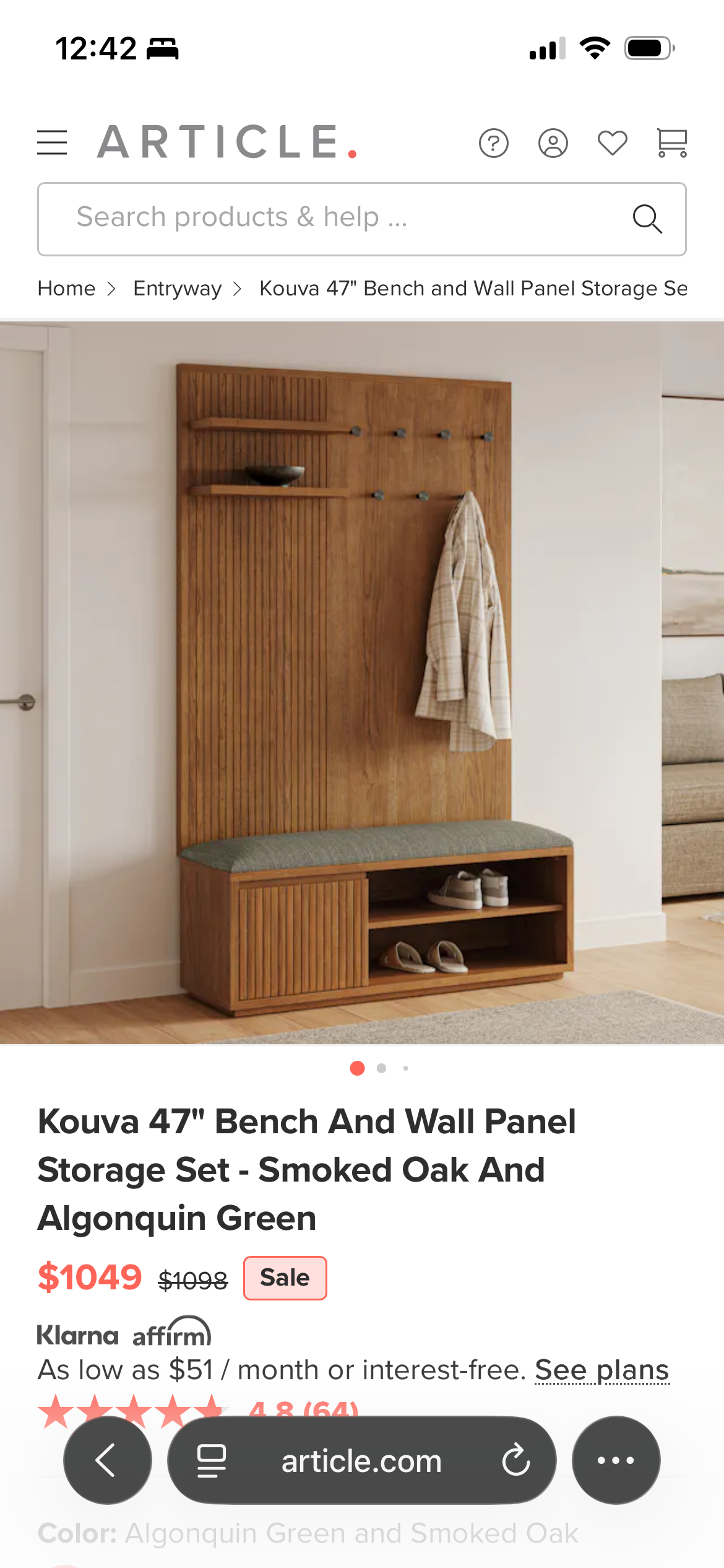 Article Kouva 47" Bench and Wall Panel Storage Set - Smoked Oak and Algonquin Green