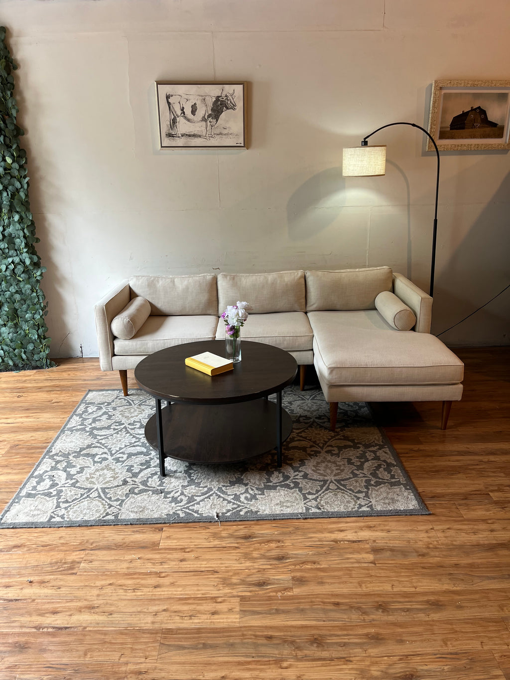West Elm MCM Sectional with Chaise in Cream Linen