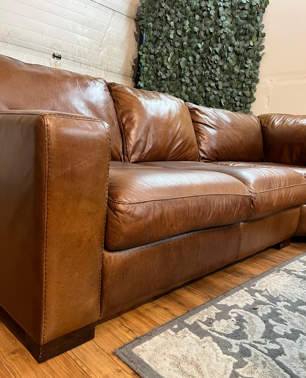 Italian Leather Sectional with Ottoman in Tobacco