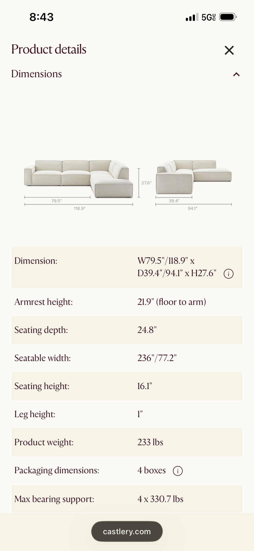 Castlery Johnathan Sectional in Performance Twill, Moss