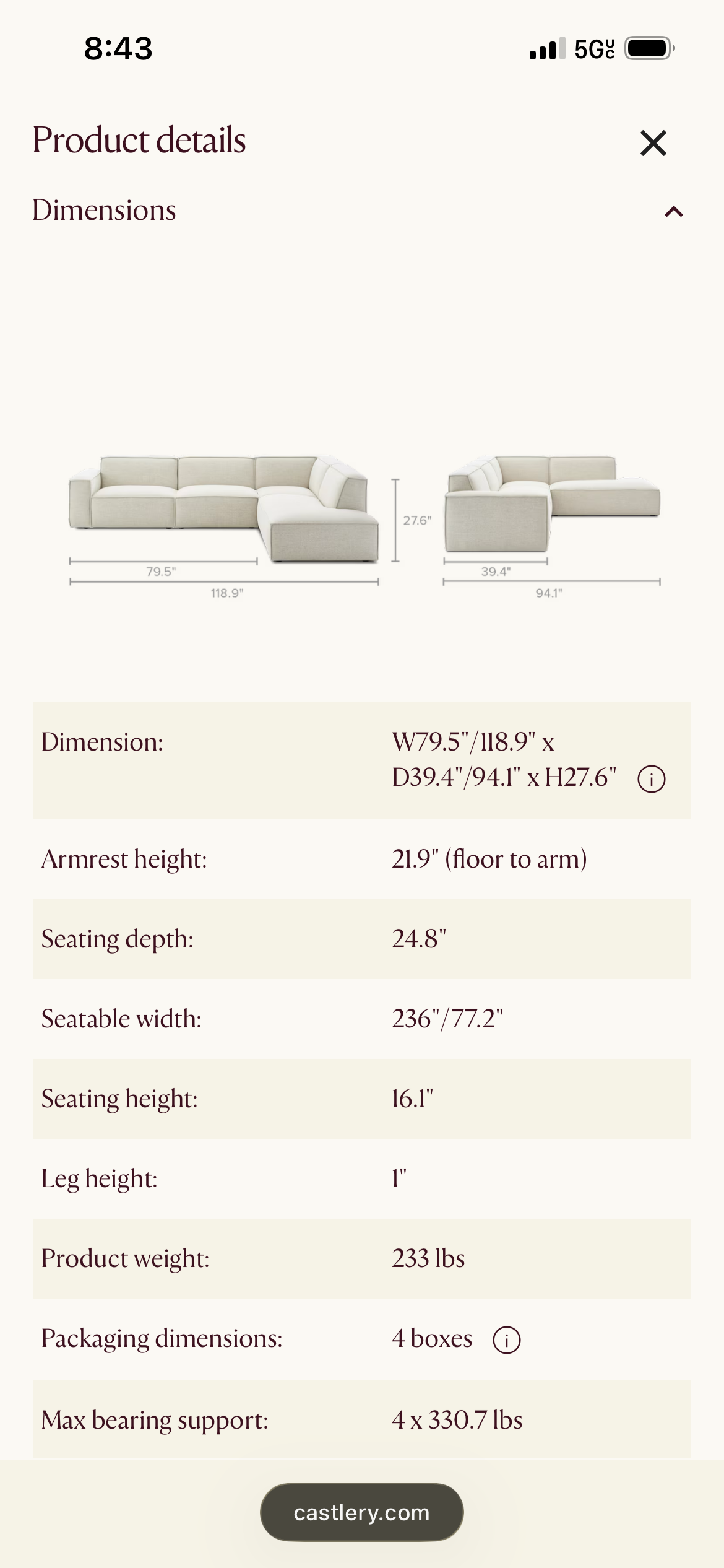 Castlery Johnathan Sectional in Performance Twill, Moss