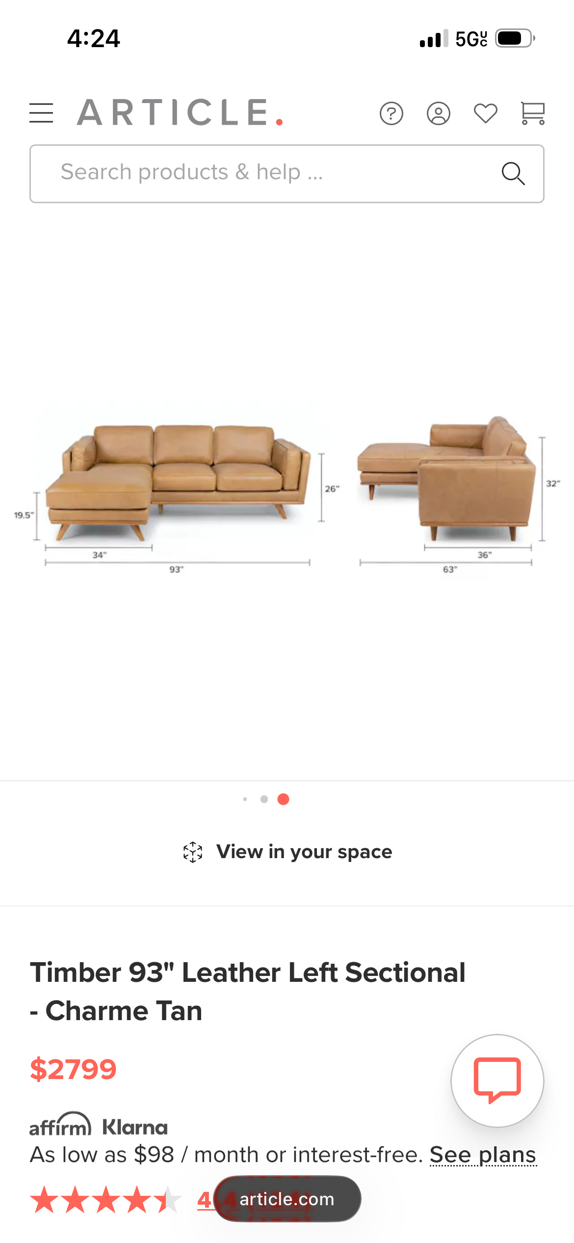 Article Timber Leather Sectional - Charme Tan