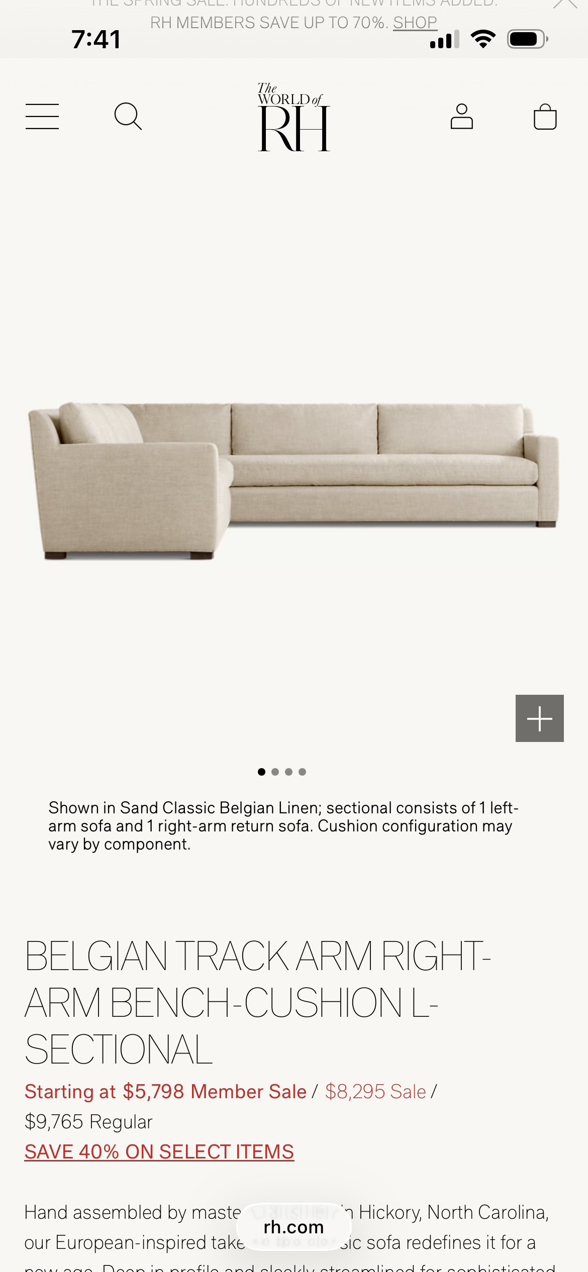 Restoration Hardware Belgian Track Arm Sectional in Fog