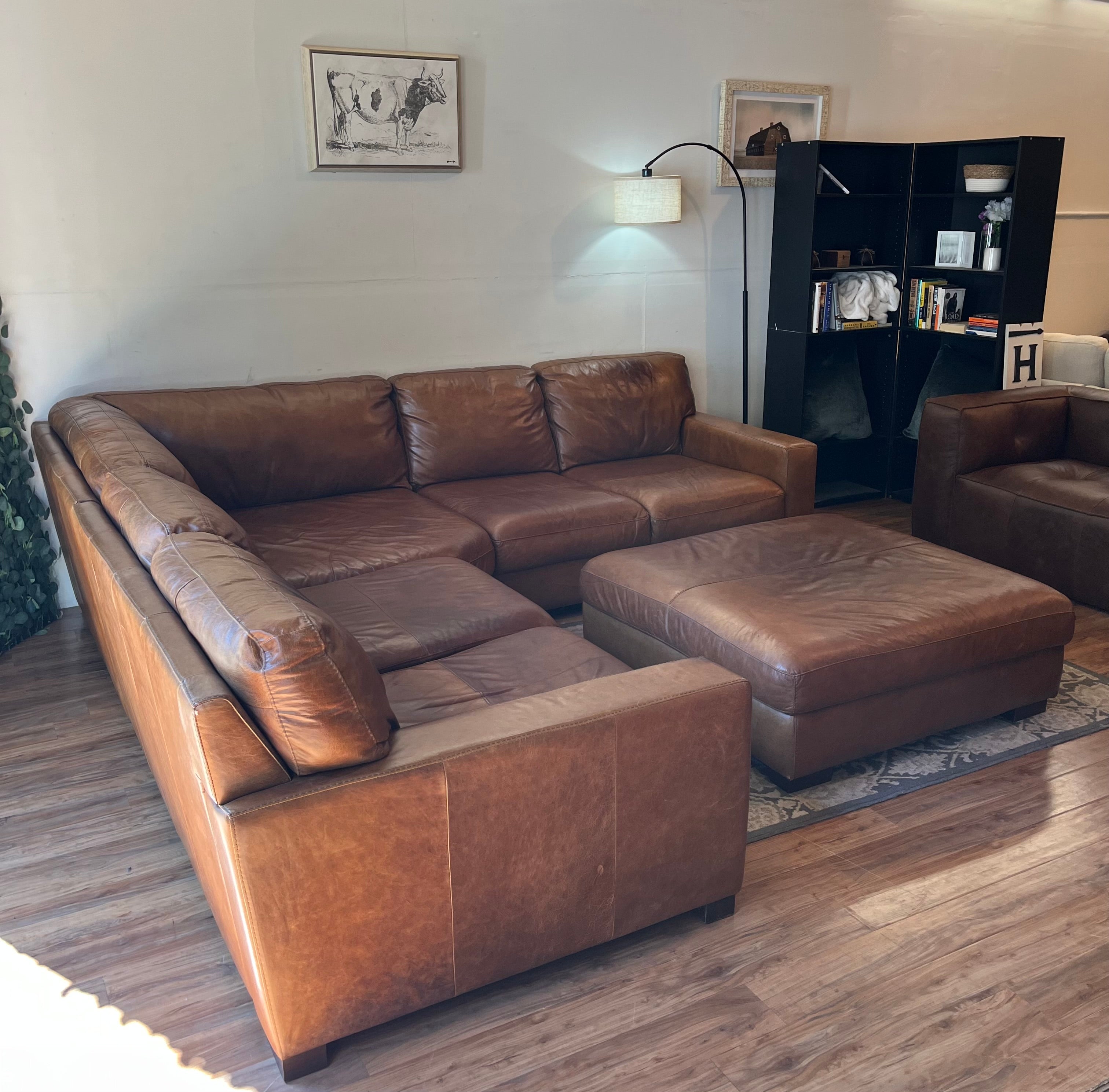 Italian Leather Sectional & Ottoman - Cognac