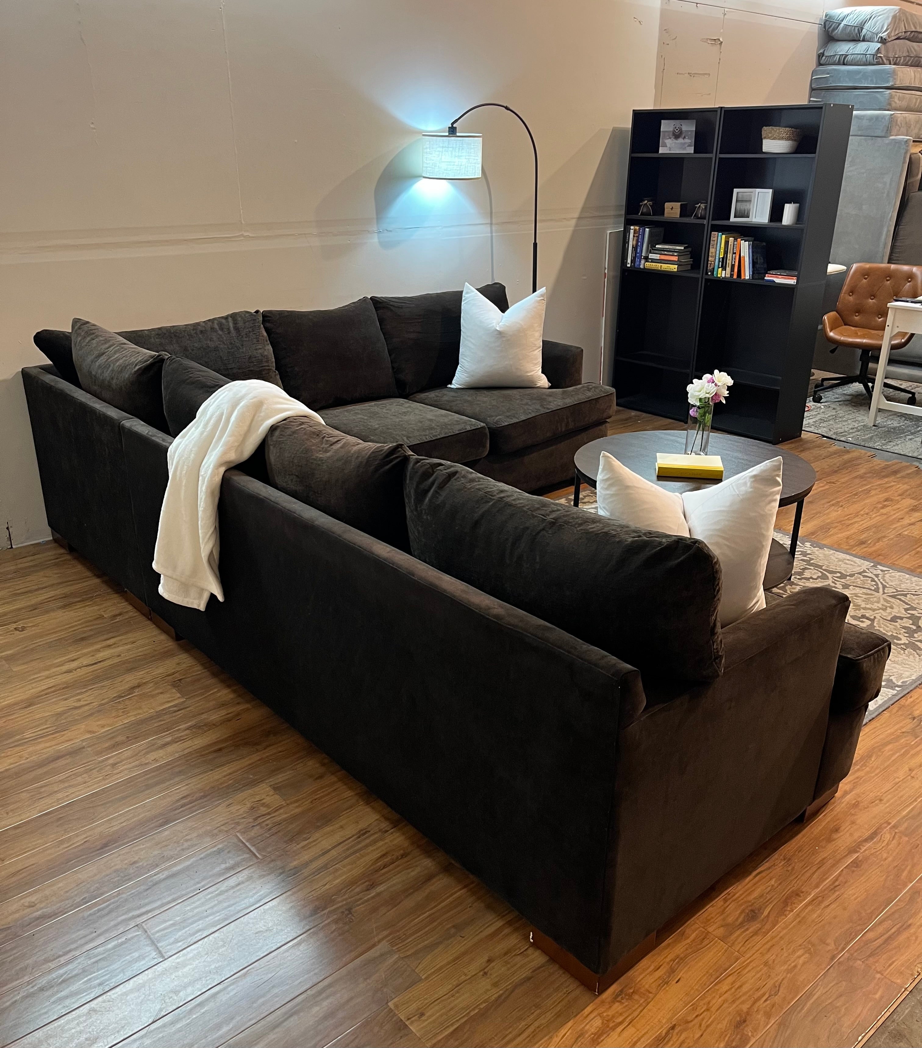 Jordan’s Furniture Sectional in Velvet Chocolate Brown