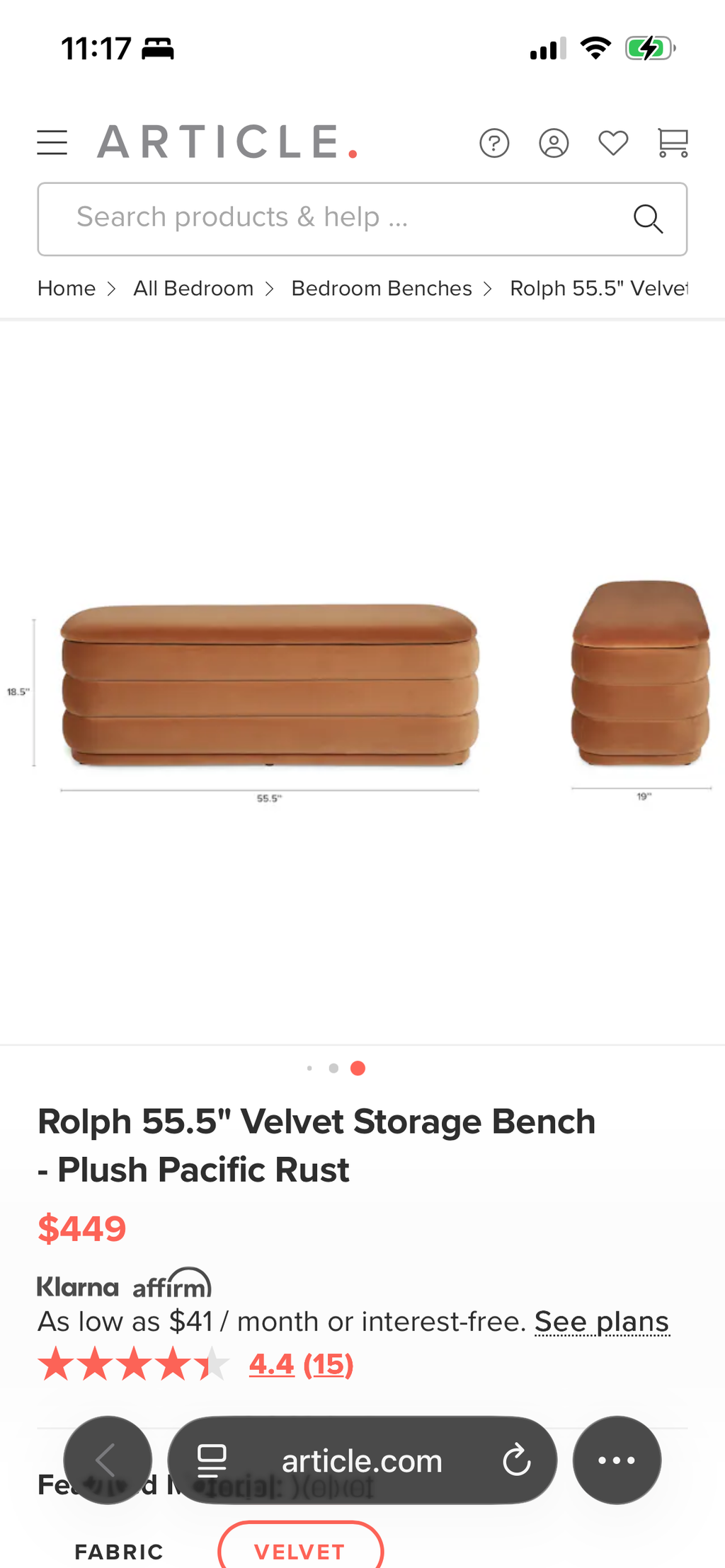 Article Rolph 55.5" Velvet Storage Bench - Plush Pacific Rust