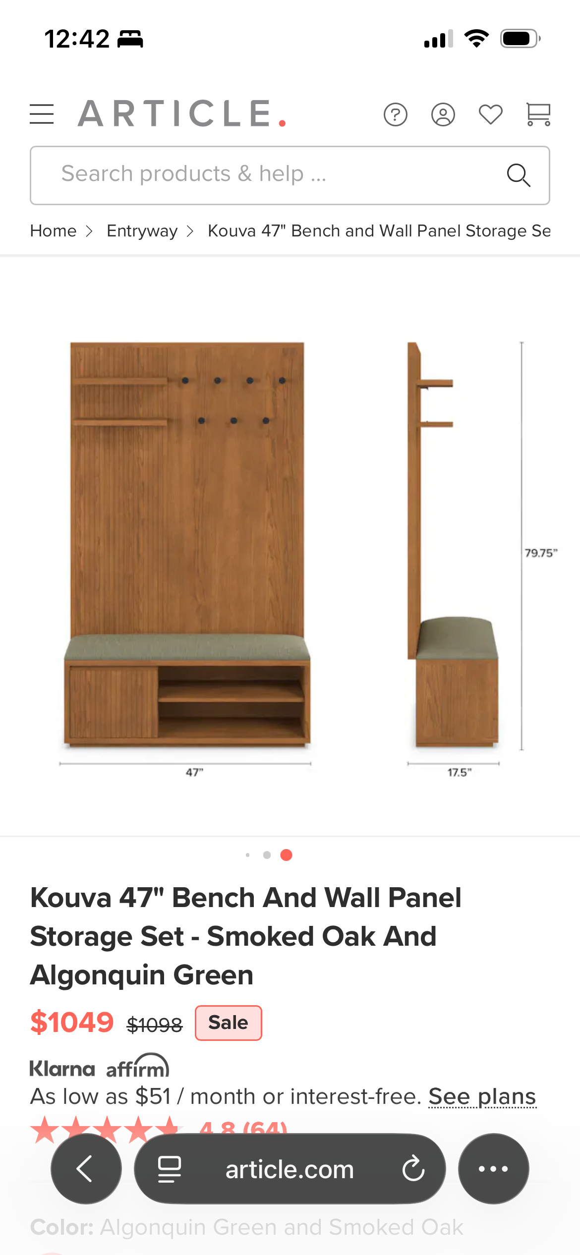 Article Kouva 47" Bench and Wall Panel Storage Set - Smoked Oak and Algonquin Green