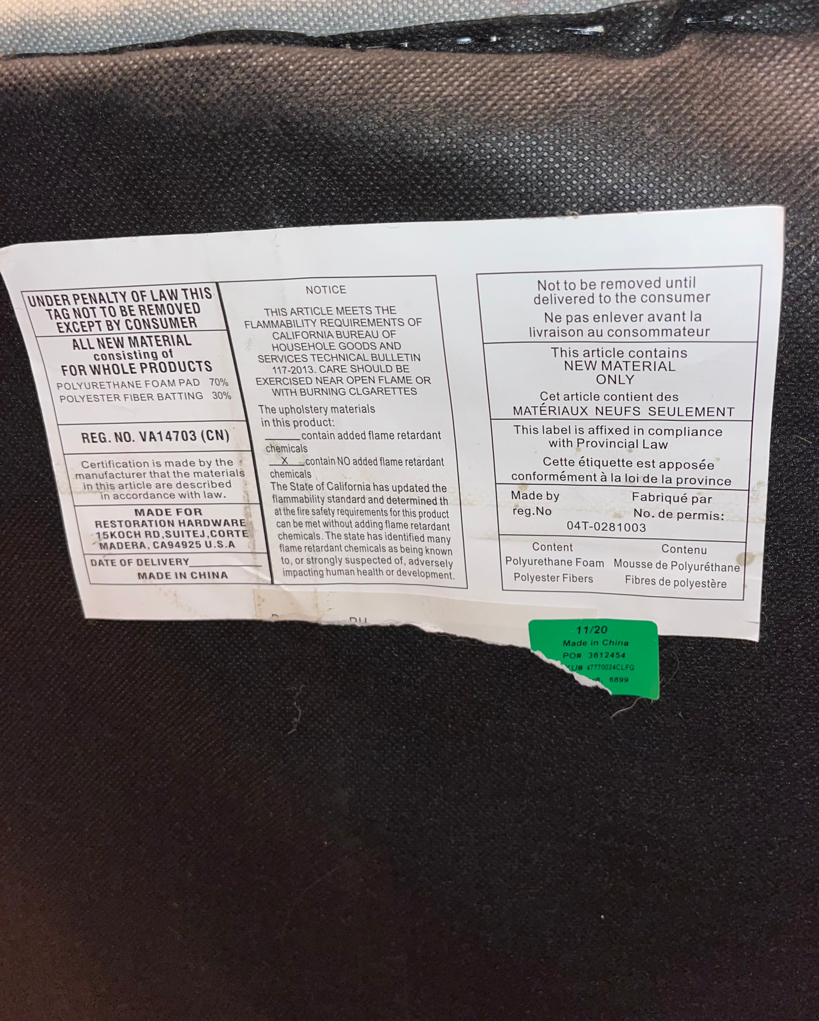 Restoration Hardware Belgian Track Arm Sectional in Fog