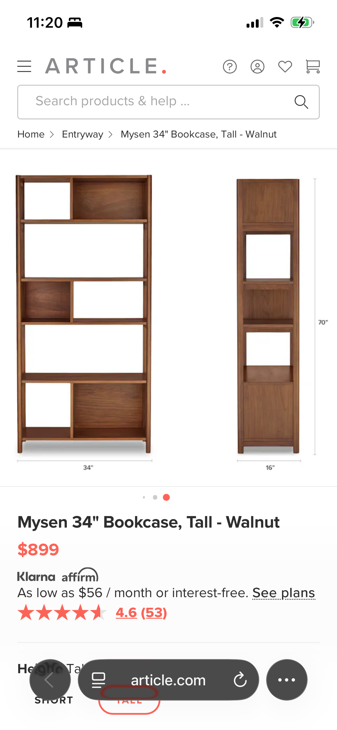 Article Mysen 34" Bookcase, Tall - Walnut