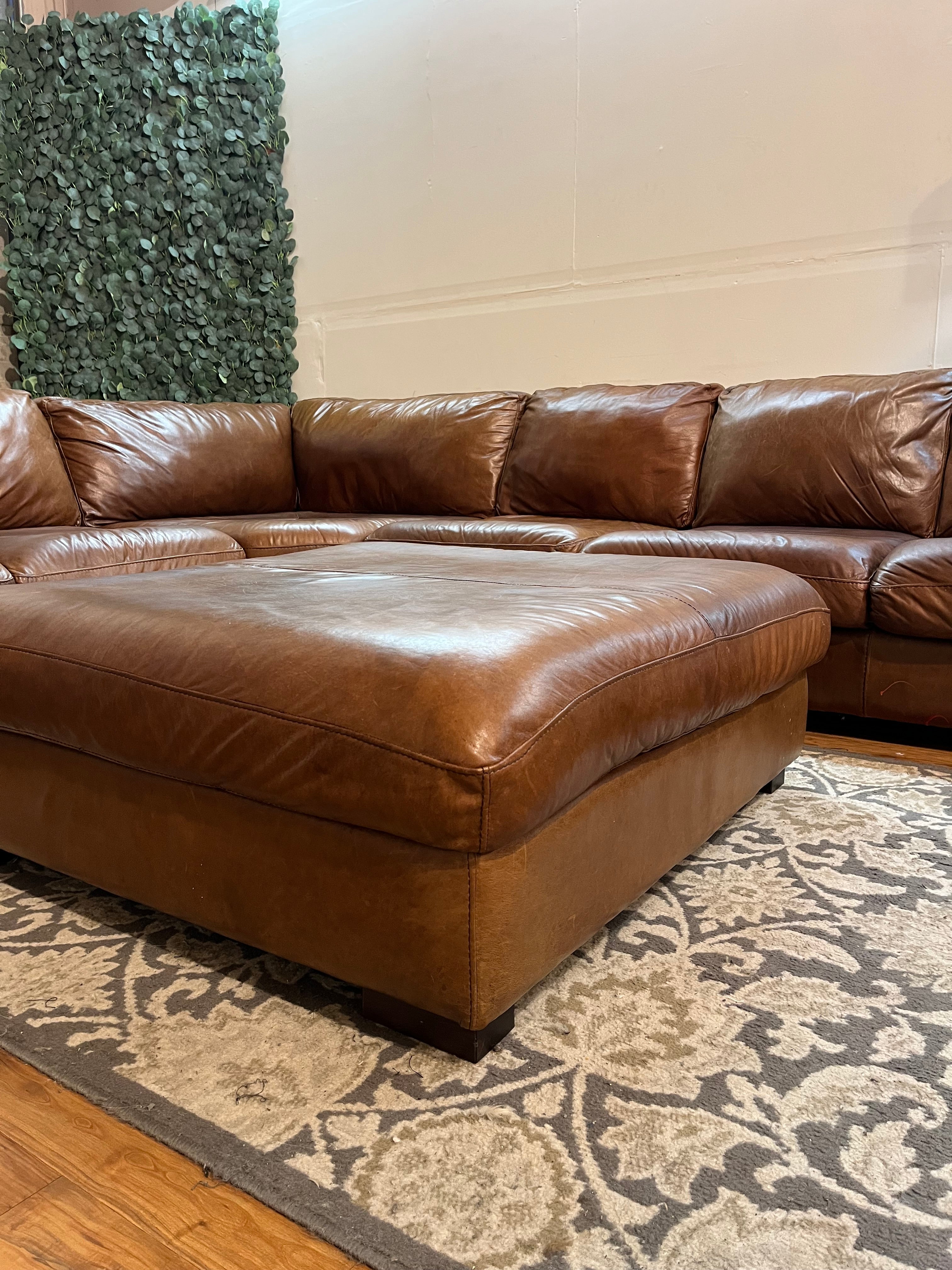Italian Leather Sectional with Ottoman in Tobacco