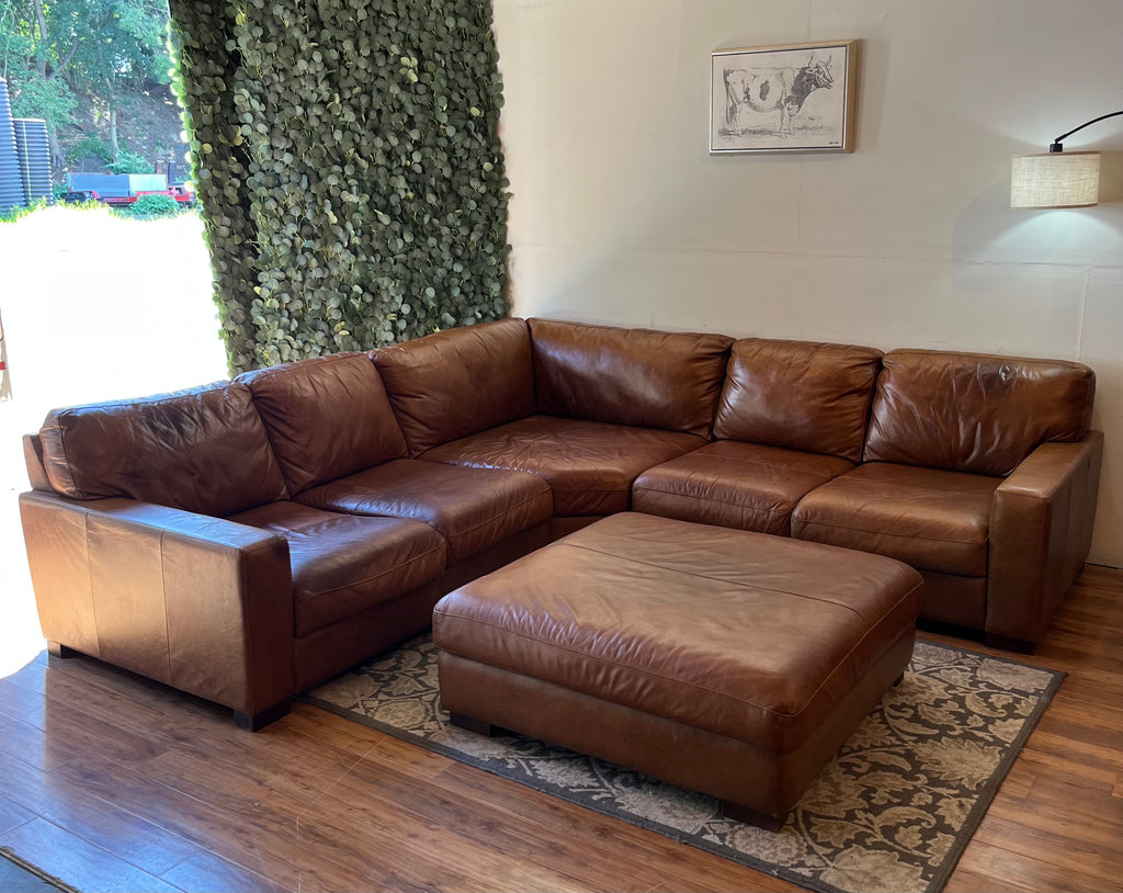 Italian Leather Sectional & Ottoman - Cognac