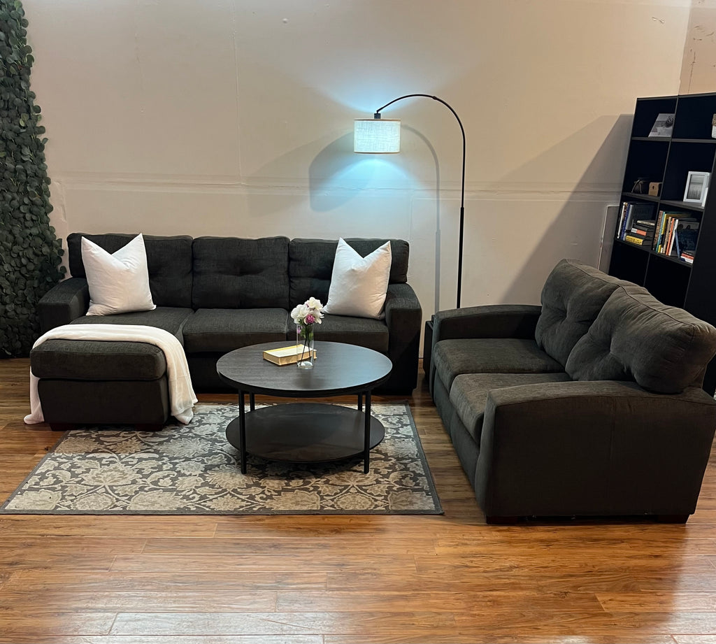 Jordan’s Furniture Sectional and Loveseat Set in Charcoal Gray