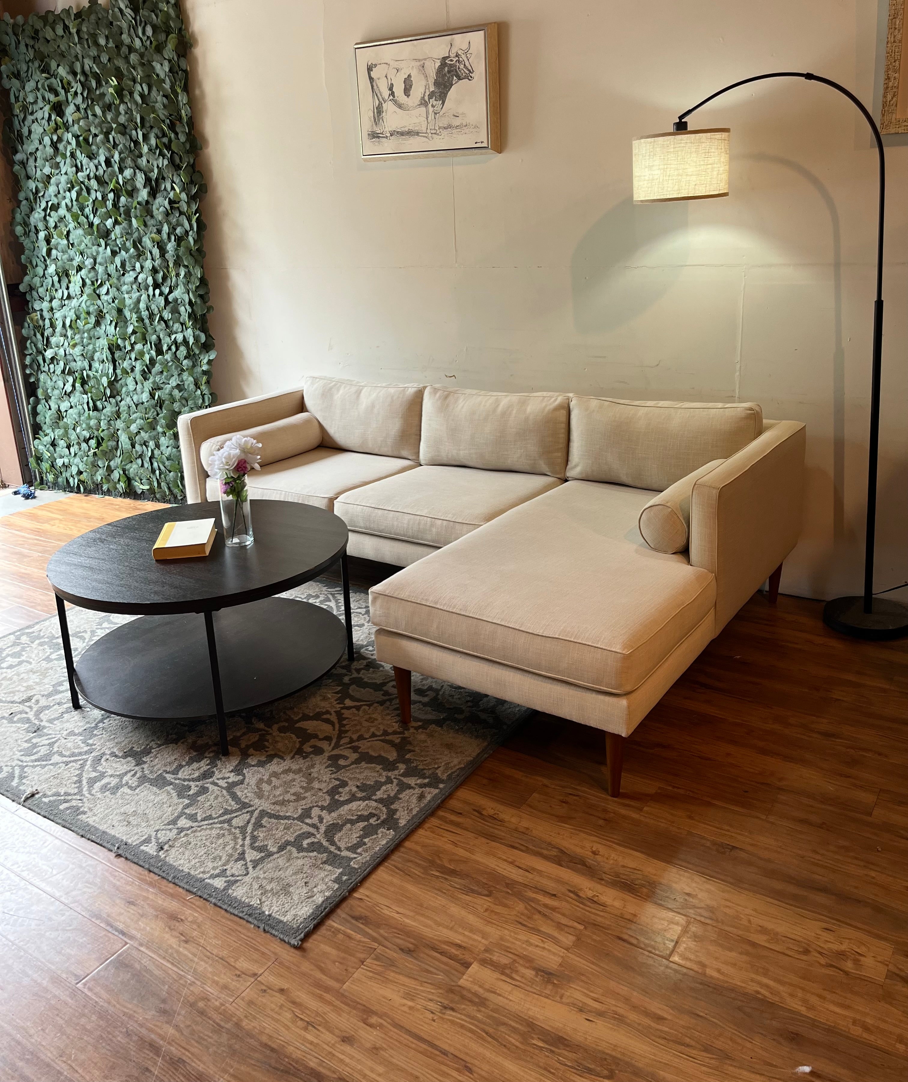West Elm MCM Sectional with Chaise in Cream Linen