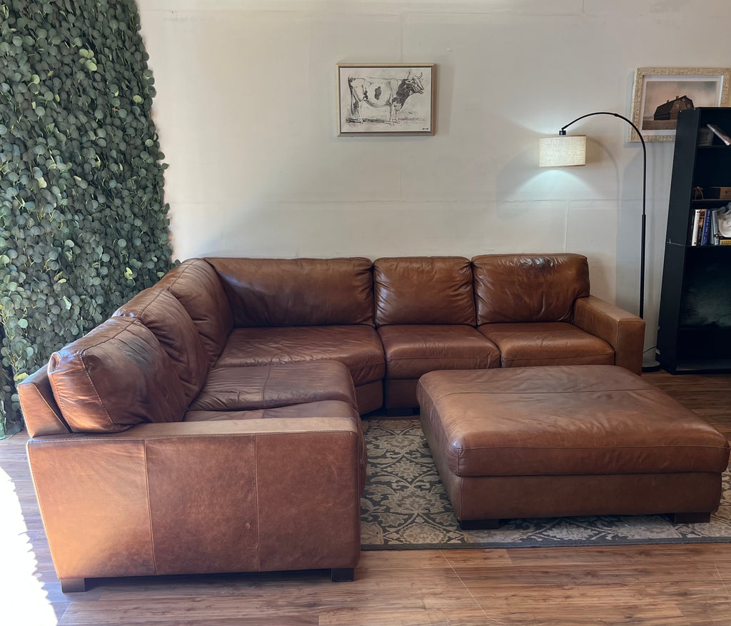 Italian Leather Sectional & Ottoman - Cognac
