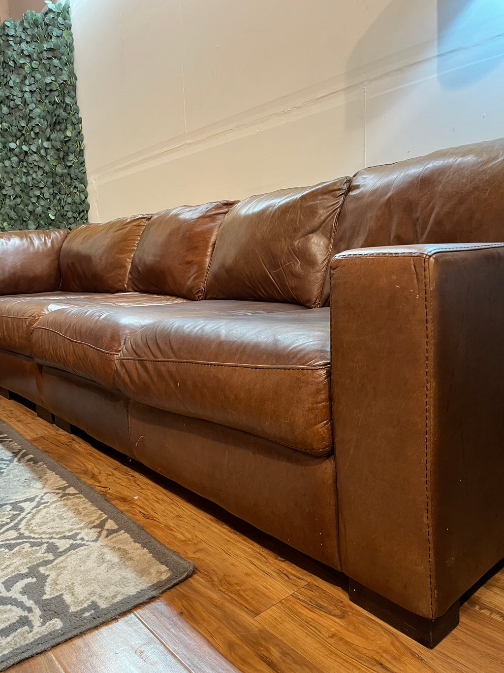 Italian Leather Sectional with Ottoman in Tobacco