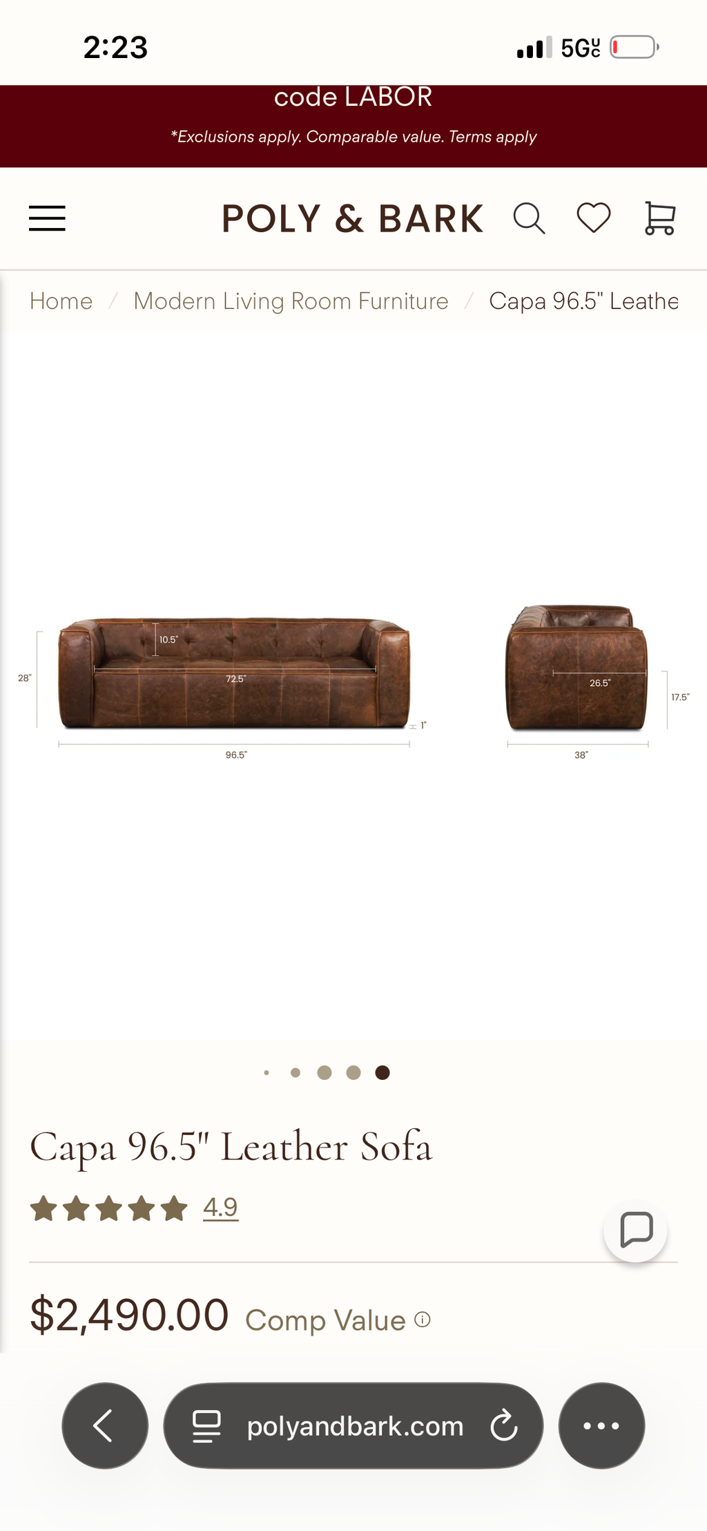 Poly & Bark Capa Leather Sofa - Chocolate Brown