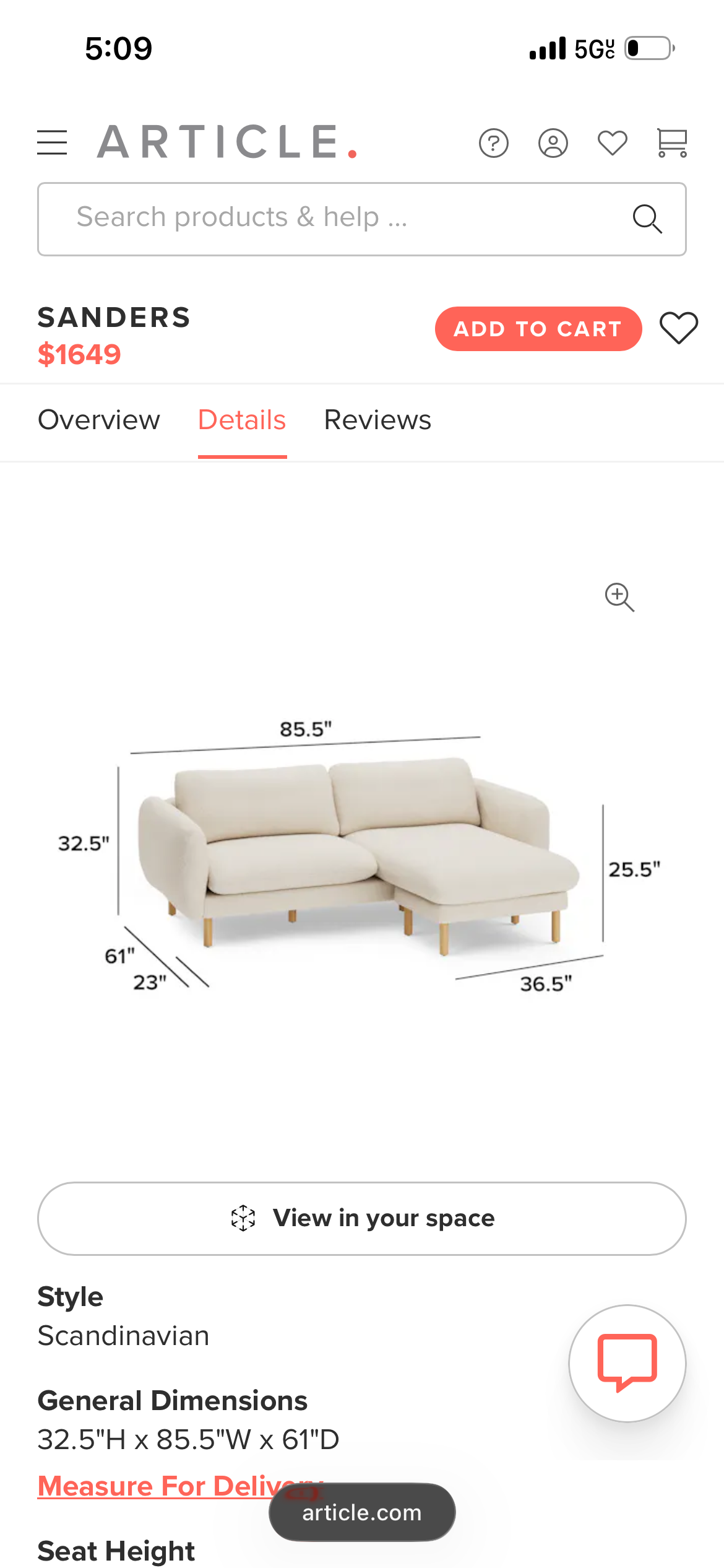 Article Sanders Reversible Sectional - Hestia Gray